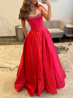 Red Crystal Beaded Bodice Ballgown Prom Dress With Bow Shoulder Straps
