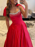 Red Crystal Beaded Bodice Ballgown Prom Dress With Bow Shoulder Straps