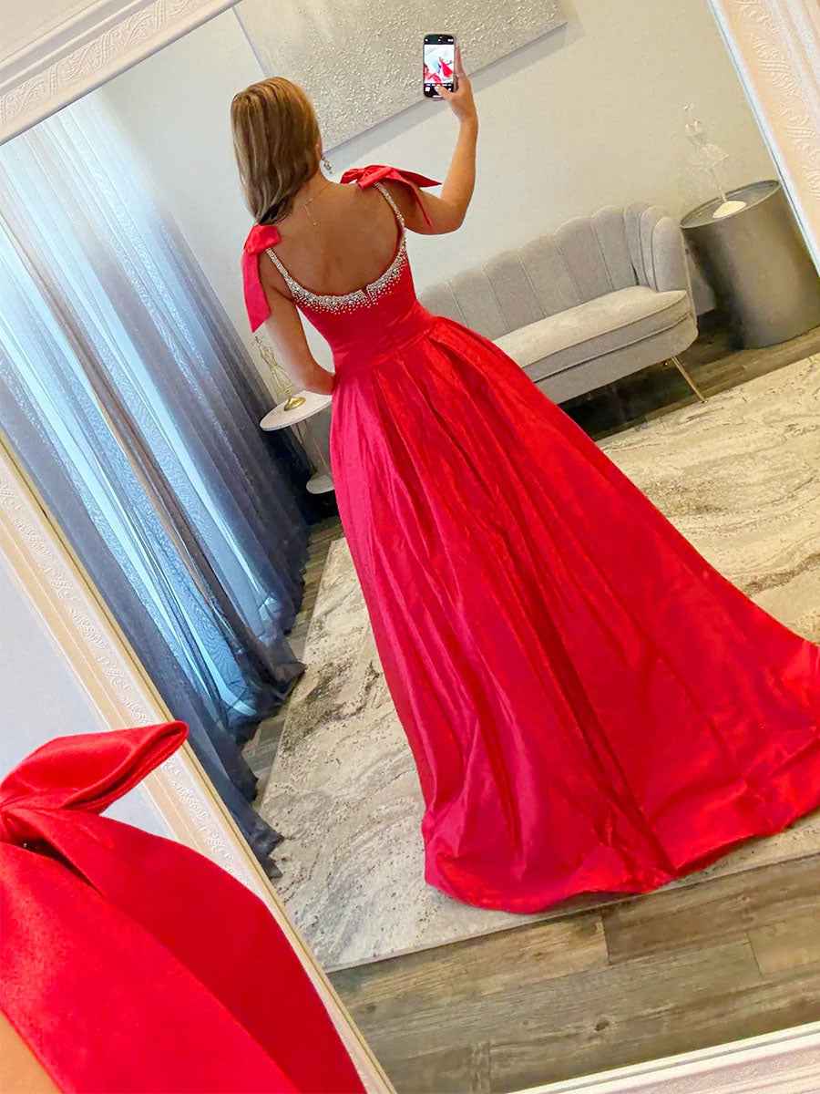 Red Crystal Beaded Bodice Ballgown Prom Dress With Bow Shoulder Straps