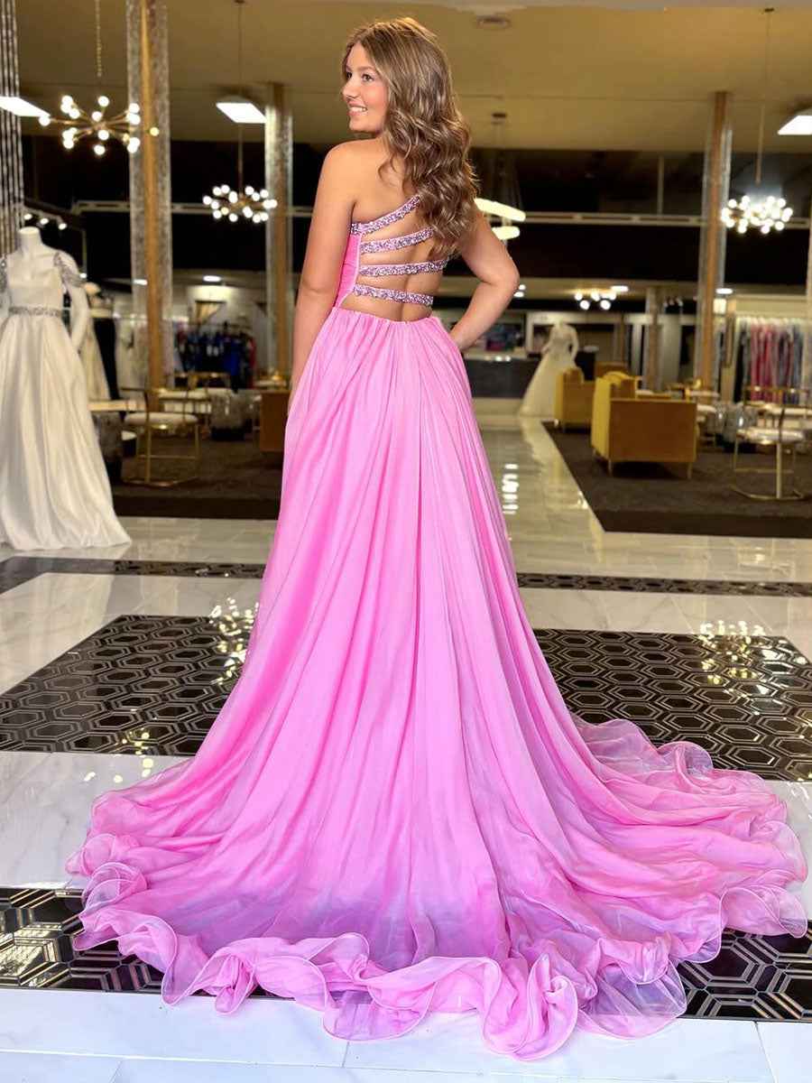 Crystal Beaded One Shoulder Chiffon Prom Dress With High Slit