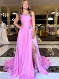 Crystal Beaded One Shoulder Chiffon Prom Dress With High Slit