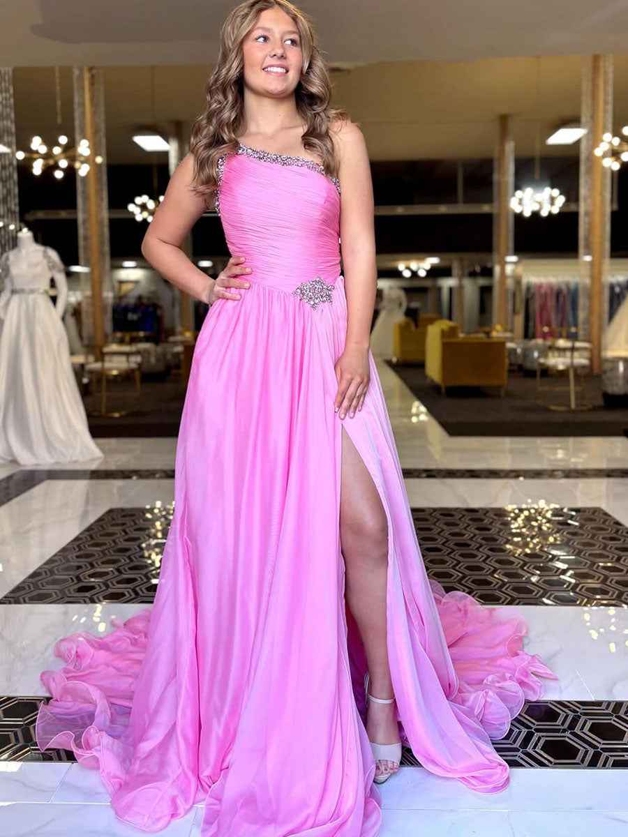 Crystal Beaded One Shoulder Chiffon Prom Dress With High Slit