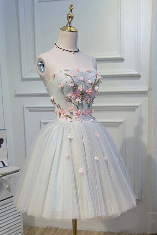 Cute Gray Tulle A-line Sweetheart Short Homecoming Dresses With Flowers