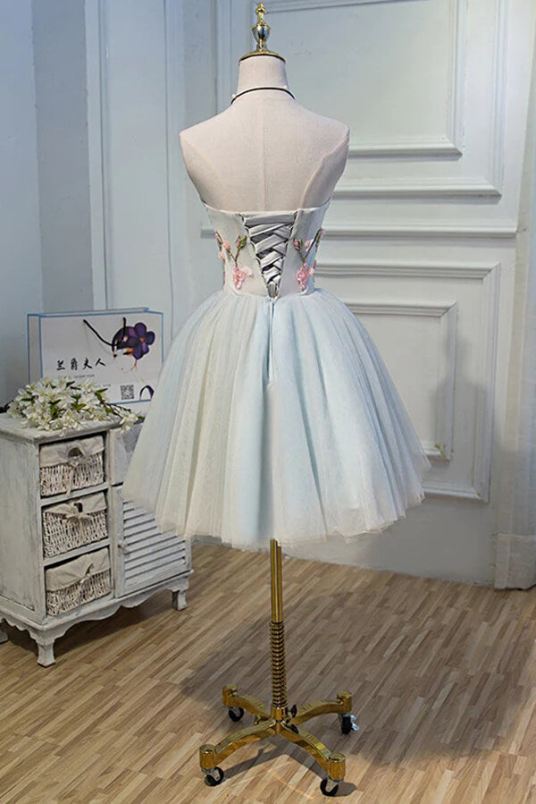 Cute Gray Tulle A-line Sweetheart Short Homecoming Dresses With Flowers