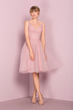Vestido corto rosa de fiesta con escote en V y largo hasta la rodilla, PG151