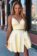 Cute Yellow Satin A-line V-neck Two Pieces Short Homecoming Dresses