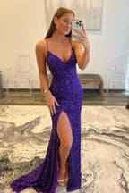 Abito da sera viola con spalline sottili, paillettes scintillanti, spacco, scollo a V, modello sirena, abito formale viola per ballo di fine anno Y90