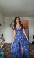 Abito da sera formale a strati con paillettes di tulle blu scintillante e spacco, abito da ballo Y7961
