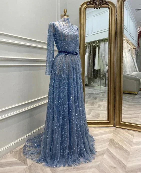 Vestido de noite luxuoso em linha A com mangas compridas Vestido glamoroso Y5829