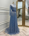 Vestido de noite luxuoso em linha A com mangas compridas Vestido glamoroso Y5829