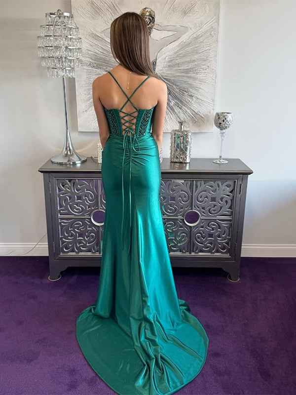 Green Mermaid Beaded Spaghetti Strap Prom Dress With High Slit