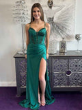 Green Mermaid Beaded Spaghetti Strap Prom Dress With High Slit