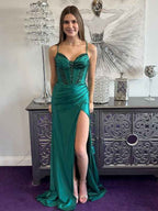 Green Mermaid Beaded Spaghetti Strap Prom Dress With High Slit
