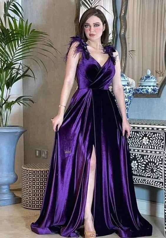 Vestido de Baile Roxo em Veludo A-linha Sexy Vestido de Noite Roxo Y5802