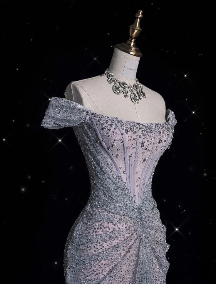 Vestido largo de noche y baile con lentejuelas y cuentas, tul lila brillante, estilo sirena, con escote barco Y8054