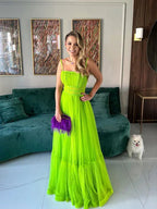Abito da sera verde a linea ad A con spalline sottili e tulle, abito da sera verde Y5595
