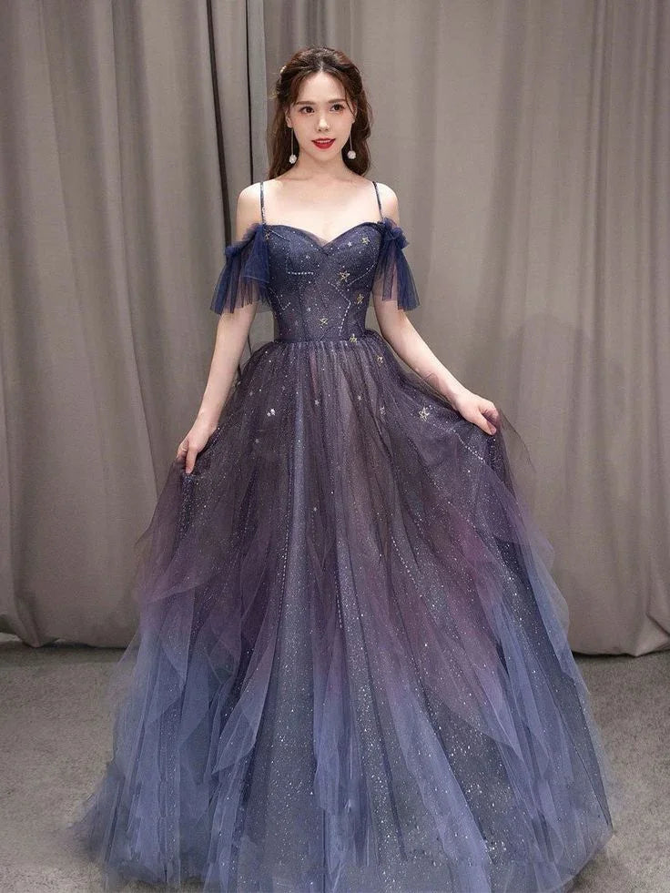 Abito lungo da sera viola in tulle con cielo stellato scuro per ballo di fine anno abito da sera viola Y5847