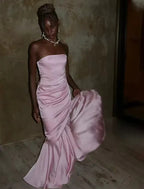 Vestido de Noite Elegante Rosa Sereia Sem Alças Plissado Vestido de Baile Y8126