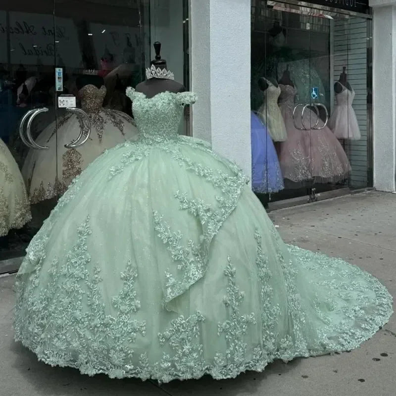 Robe de bal d'anniversaire verte menthe de luxe à épaules dénudées, en tulle, ornée d'appliques et de perles, à volants et nœud, modèle Y8125