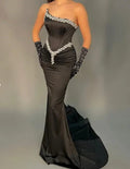 Vestido de noite preto elegante, sem alças, estilo sereia, em cetim com contas, para baile de finalistas, com luvas Y8530