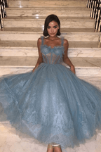 Abito formale da sera in pizzo di tulle blu grigio, abito da ballo in pizzo di tulle