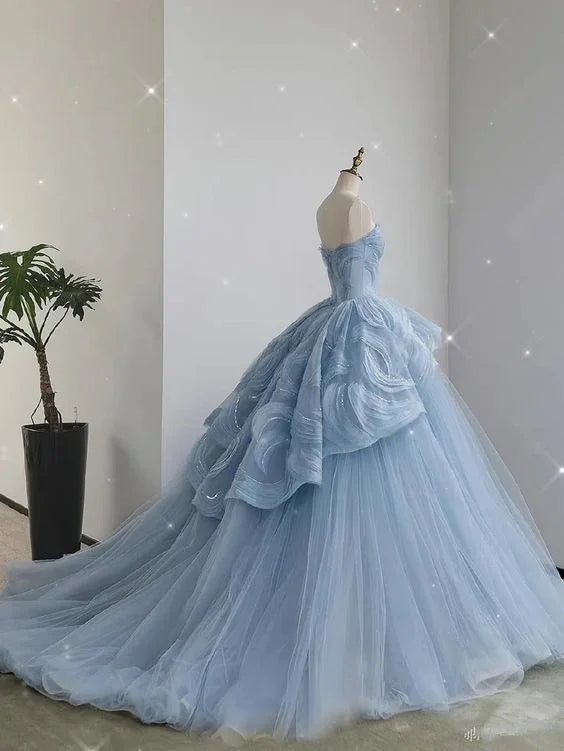 Robe princesse en tulle bleu glamour à décolleté en cœur, robe de bal bleue, robe de fée bleue Y6472