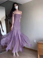 Abito da sera viola in chiffon con perline, spalline sottili, stile sirena, abito da ballo Y7812