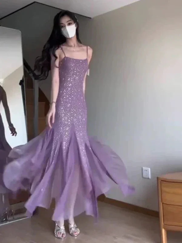 Abito da sera viola in chiffon con perline, spalline sottili, stile sirena, abito da ballo Y7812