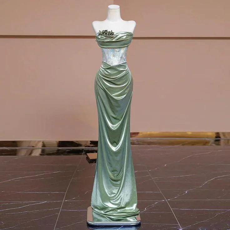 Abito da sera formale a sirena senza spalline plissettato elegante per ballo Y7989