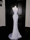 Vestido de Baile de Tule Lilás Cintilante com Contas, Sem Alças, Modelo Sereia, Vestido de Noite Y8664