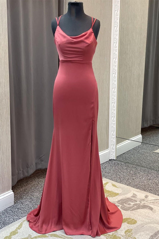 Mauve Meerjungfrau-Abschlussballkleid mit Wasserfallausschnitt und Trägern