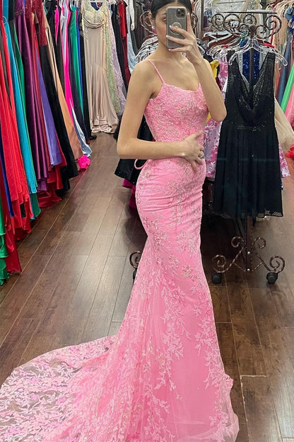 Meerjungfrau Rosa Spitzenapplikationen Langes Ballkleid