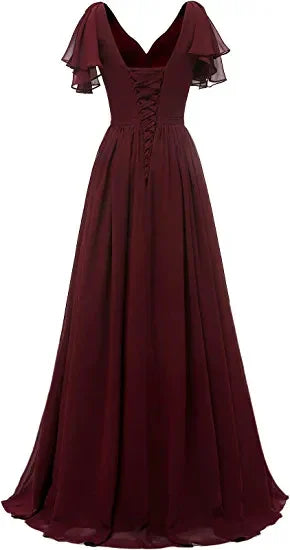 Abito da damigella con manica a foglia, scollo a V, chiffon lungo, abito formale da sera per matrimonio Y1206