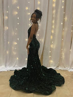 Abito da Sera Lungo e Formale con Scollo a V e Paillettes Stile Sirena Moderno Y5913