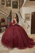 Abito da ballo lussuoso color bordeaux con fiori tridimensionali, abito per sedicesimo compleanno, abito per quinceañera Y5320