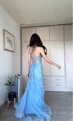 Vestido de Noite Sereia Comprido com Aplicações de Tule Azul Elegante Vestido de Baile Y8156