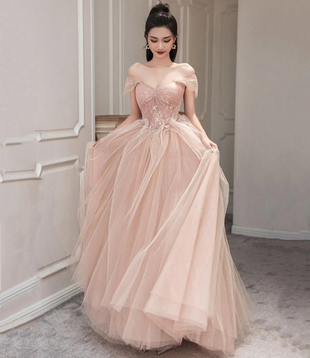 Vestido longo de baile em tule cor-de-rosa Vestido de noite cor-de-rosa Y1825