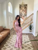 Elegant Halter Pink Satin Print Long Prom Dress Evening Dress Y8454