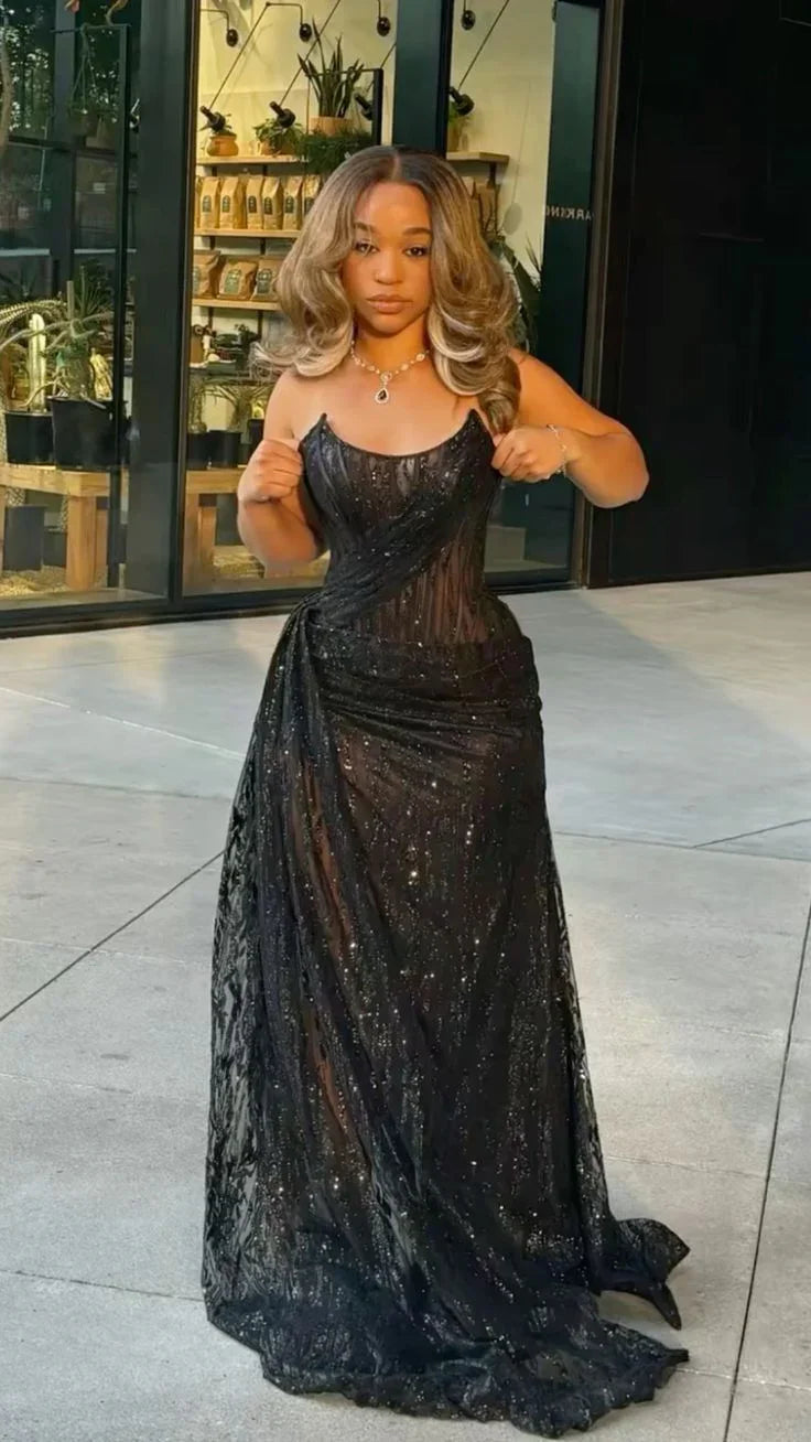 Abito lungo da sera nero con pizzo sexy, paillettes, spacco e taglio a sirena Y8055