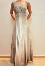 Vestido de fiesta de satén y tul con tirantes finos, cuentas, línea A, para noche Y8139