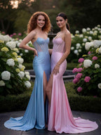 Emerald Green Strapless Corset Beaded Prom Dress With Slit