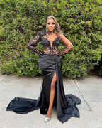 Black Mermaid Formal Dress With Crystal Embellishments And Luxury Beading