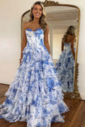 Sparkly Tiered Lace Tulle Prom Dress With Spaghetti Straps Corset Gown Slit