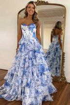 Sparkly Tiered Lace Tulle Prom Dress With Spaghetti Straps Corset Gown Slit
