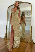 Sparkly Gold Fully Beaded Prom Dress With Deep V Neck Slit And Open Back