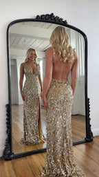 Sparkly Gold Fully Beaded Prom Dress With Deep V Neck Slit And Open Back