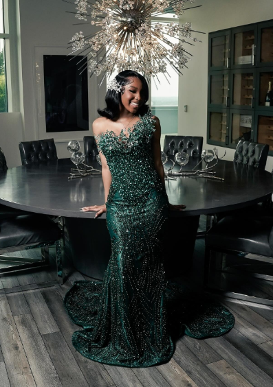 Dark Green One Shoulder Mermaid Prom Dress With Sparkle Embellishments