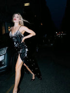 Encantador vestido de fiesta negro de satén con cuentas, abertura, tirantes finos, corte recto, vestido de noche Y8229