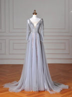 Elegante abito da sera blu con scollo a V, paillettes, perline e tulle, linea ad A, senza schiena Y8644