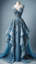 Elegante abito lungo da sera e da ballo con applicazioni di chiffon blu e balze Y8385